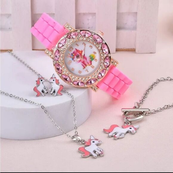 - Girls Unicorn Watch + Necklace + Earrings Set..PINK..NWT - Picture 2 of 6